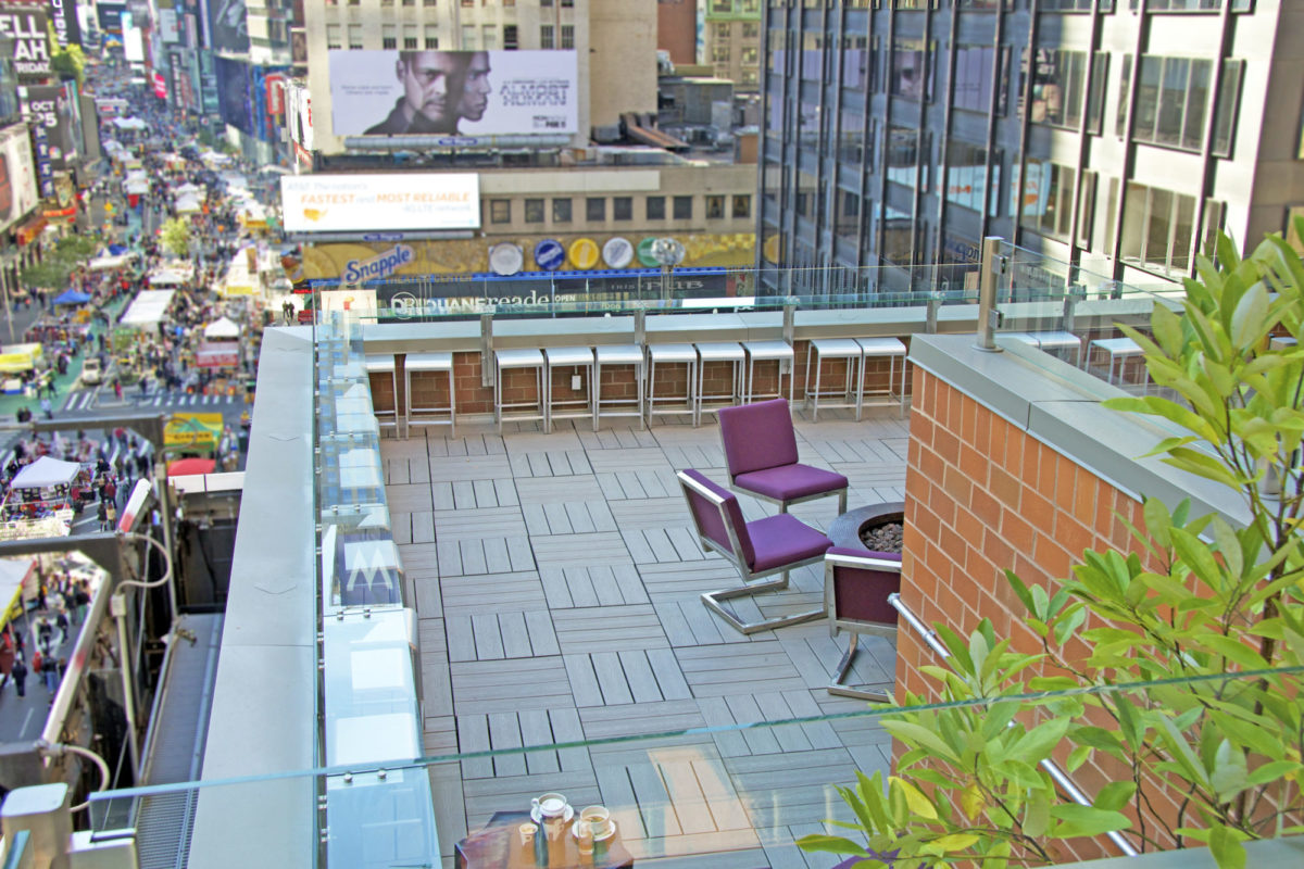 Custom Designed Stainless Steel + Glass Drink Rail Overlooking Times Square.