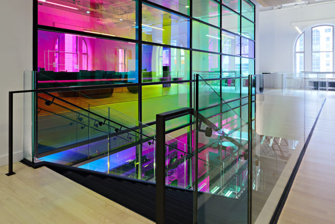 Interior Glass Curtain Wall With Dichroic Film.